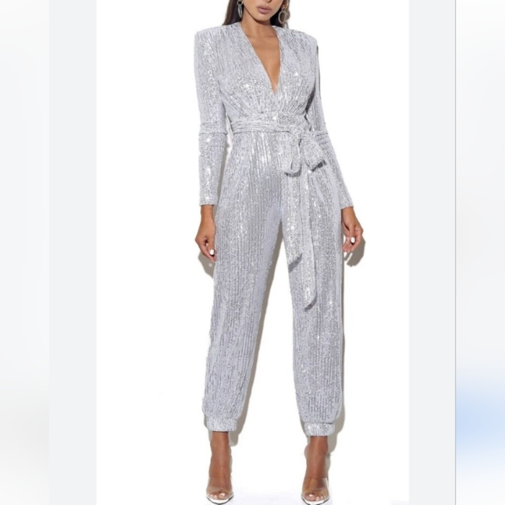 Miss Circle Tasha Silver Sequin Jumpsuit With Tie Waist.  XXS